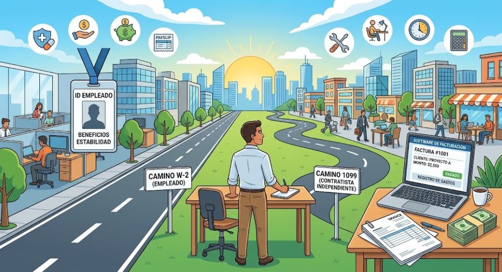 Comparación W-2 vs 1099: empleado con gafete frente a trabajador independiente con laptop