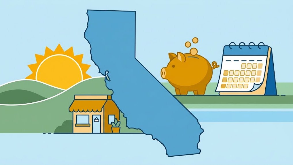Mapa estilizado de California con un negocio y una alcancía para ilustrar el costo de abrir una LLC en California.
