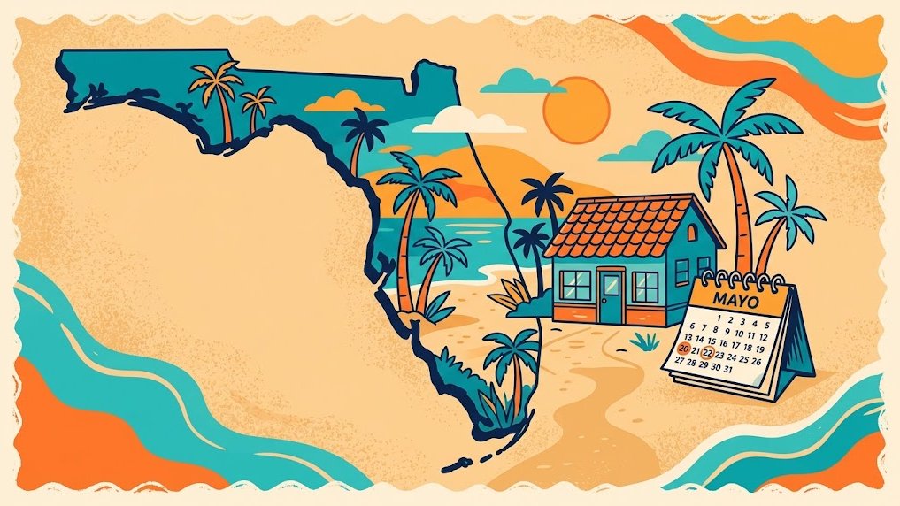 Mapa estilizado de Florida con un negocio y un calendario para abrir una LLC en Florida.