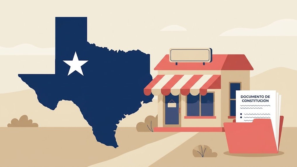Mapa estilizado de Texas con un negocio pequeño para ilustrar cómo abrir una LLC en Texas.