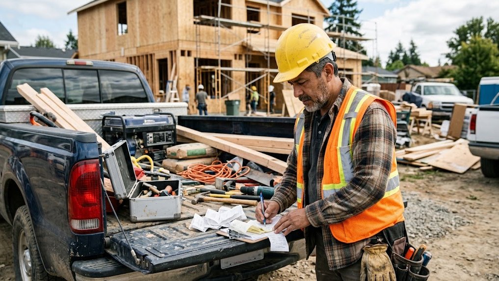 Trabajador independiente revisando recibos para sus deducciones para trabajadores de construcción.