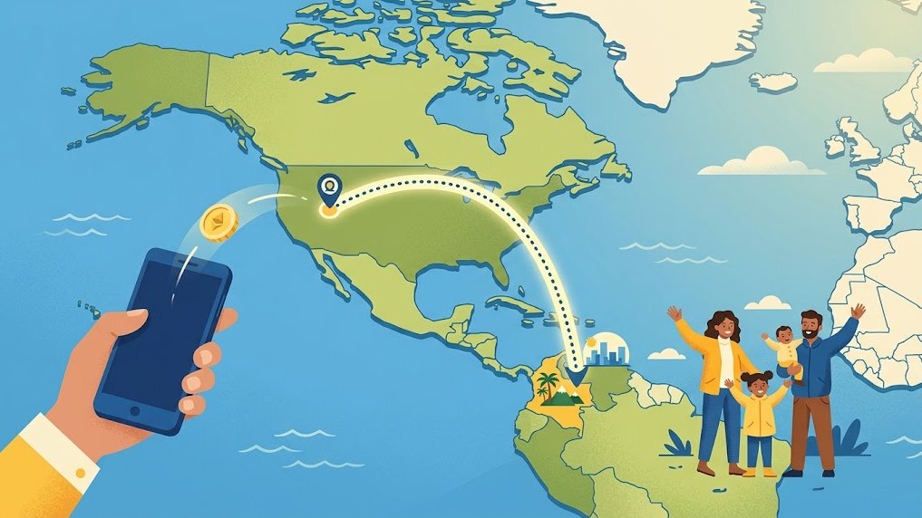 Línea entre dos países que ilustra cómo enviar dinero a tu país pagando menos comisiones.