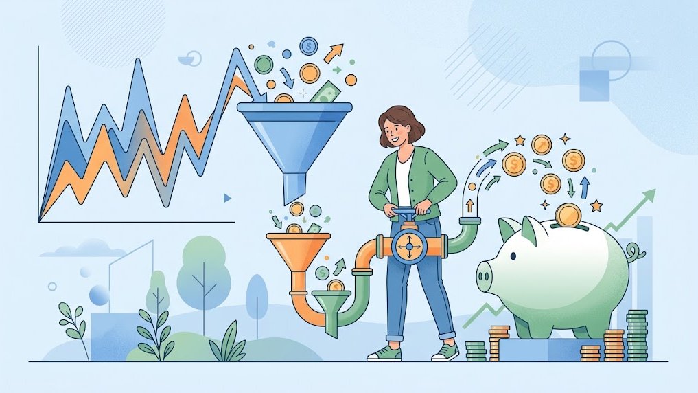Gráfica de ingresos variables que alimenta una alcancía estable para planificar el retiro con ingresos irregulares.